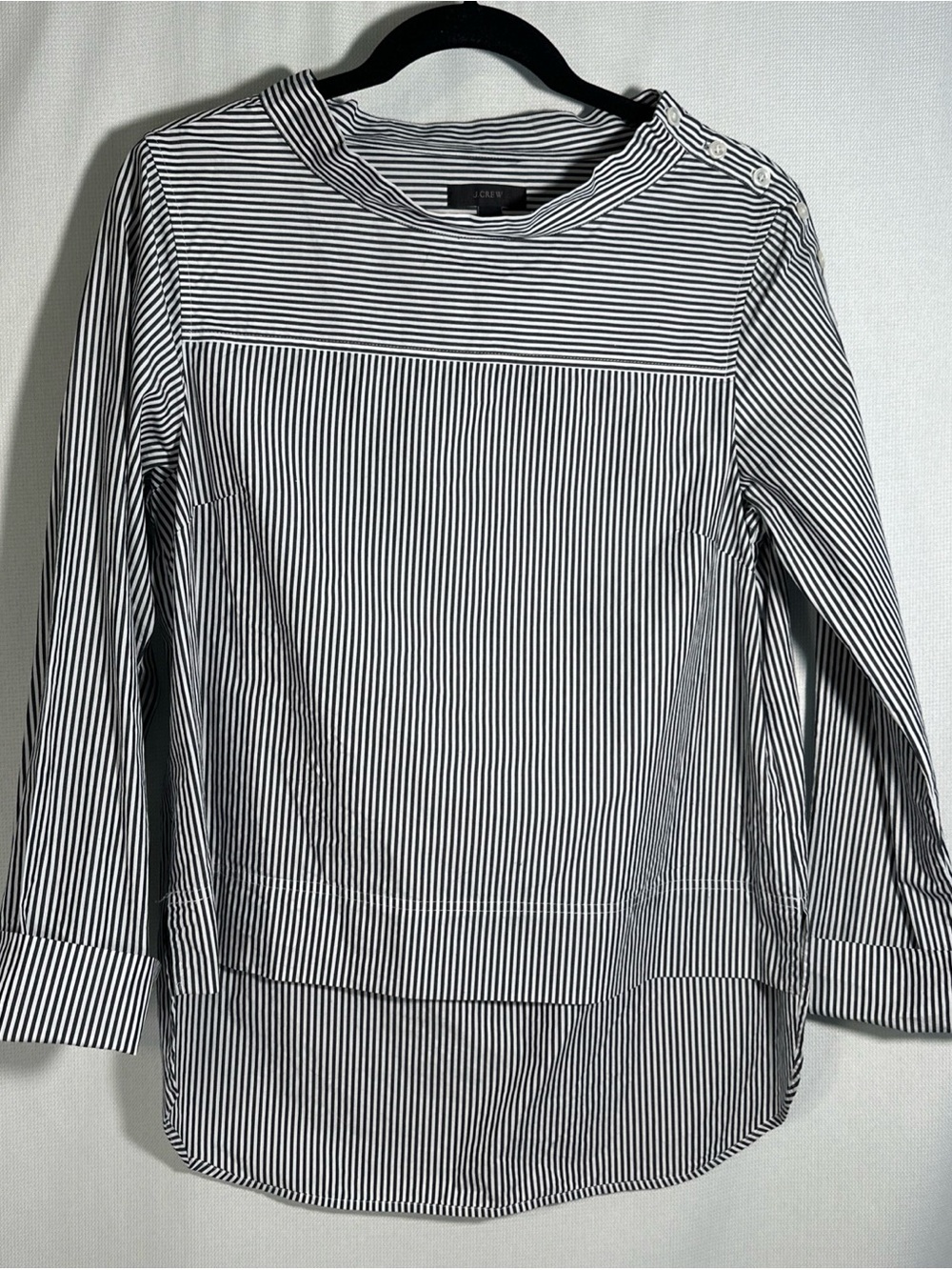 J. Crew Gray and White Striped Button-Shoulder Blouse